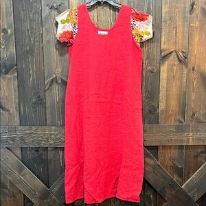 FLAX Linen Midi Dress Size M Red Artsy Lagenlook Minimalist Floral‎ Boho